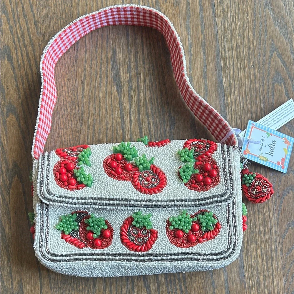 NEW Beaded Tomato Shoulder Bag with gingham fabric Viral TikTok - Picture 1 of 13